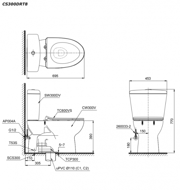 Bản vẽ kĩ thuật Bồn cầu 2 khối TOTO CS300DRT8 nắp êm TC600VS