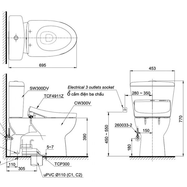 Bản vẽ kĩ thuật Bồn cầu 2 khối TOTO CS300DRW11 nắp rửa điện tử TCF4911Z