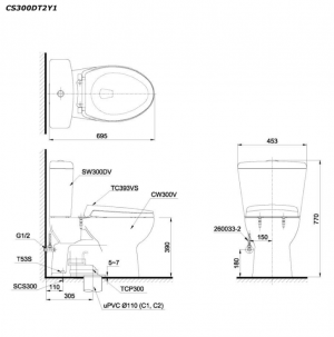 Bản vẽ kĩ thuật Bồn cầu 2 khối TOTO CS300DT2Y1 nắp êm TC393VS