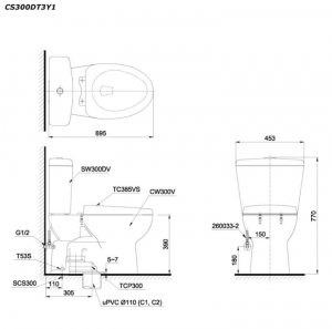 Bản vẽ kĩ thuật Bồn cầu 2 khối TOTO CS300DT3Y1 nắp êm TC385VS