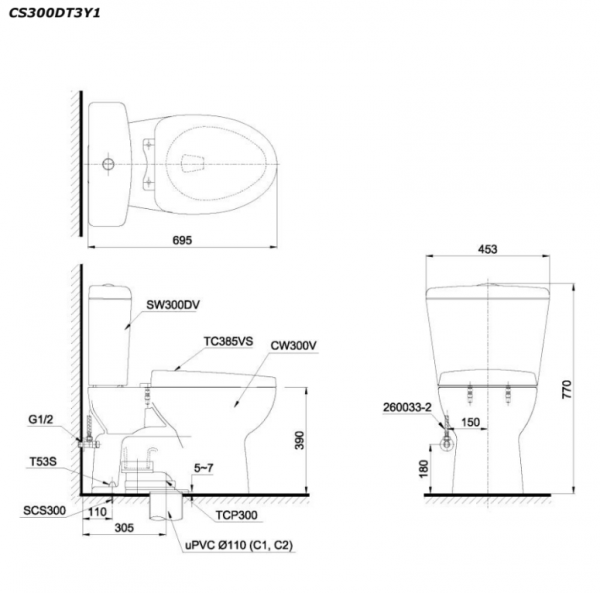 Bản vẽ kĩ thuật Bồn cầu 2 khối TOTO CS300DT3Y1 nắp êm TC385VS