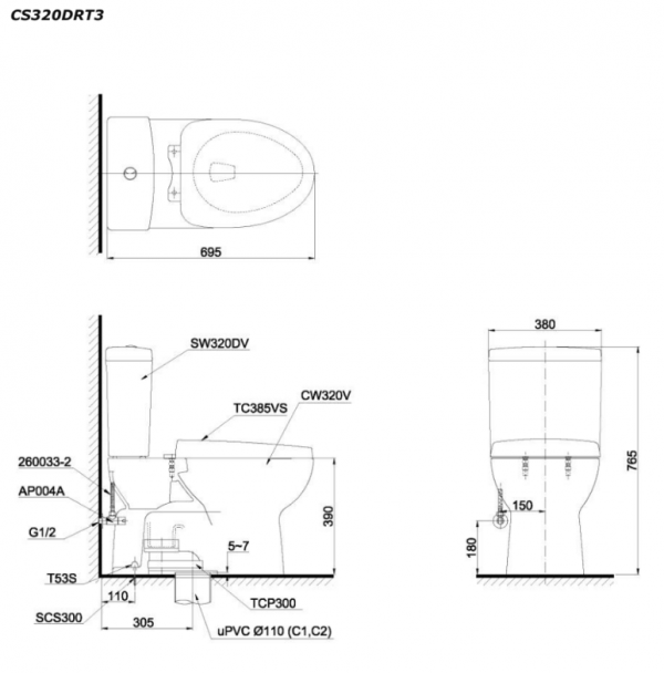 Bản vẽ kĩ thuật Bồn cầu 2 khối TOTO CS320DR