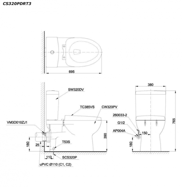 Bản vẽ kĩ thuật Bồn cầu 2 khối TOTO CS320PDR