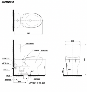 Bản vẽ kĩ thuật Bồn cầu 2 khối TOTO CS325DRT2 nắp êm TC393VS