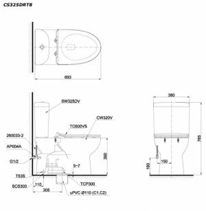 Bản vẽ kĩ thuật Bồn cầu 2 khối TOTO CS325DRT8 CS325DMT8 nắp êm TC600VS