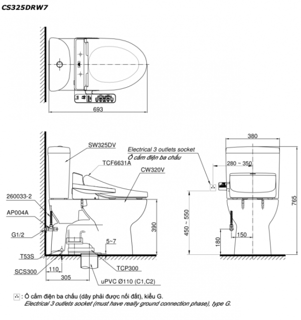 Bản vẽ kĩ thuật Bồn cầu 2 khối TOTO CS325DRW16 nắp rửa điện tử TCF23410AAA