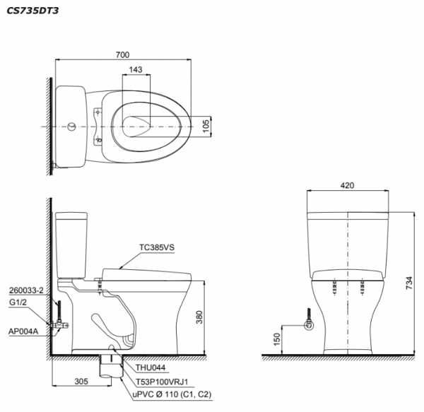 Bản vẽ kĩ thuật Bồn cầu 2 khối TOTO CS735D