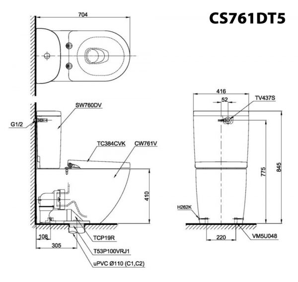 Bản vẽ kĩ thuật Bồn cầu 2 khối TOTO CS761DT5 nắp êm TC384CVK