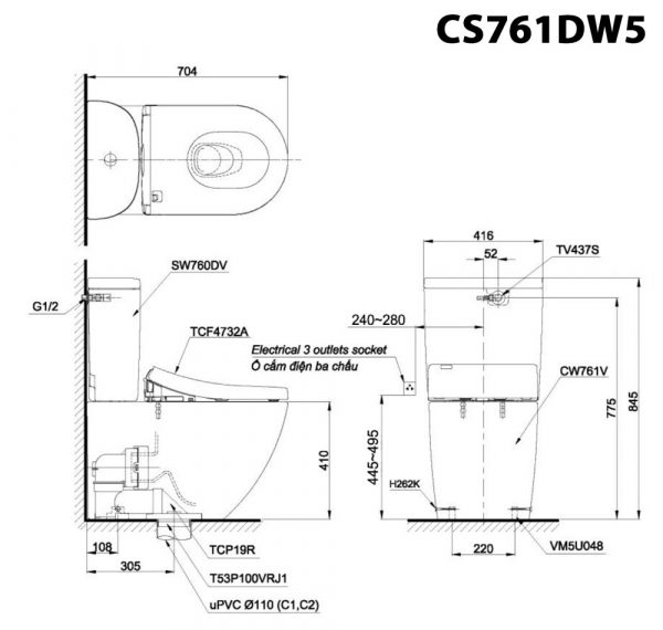 Bản vẽ kĩ thuật Bồn cầu 2 khối TOTO CS761DW5 nắp rửa điện tử TCF4732A