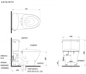 Bản vẽ kĩ thuật Bồn cầu 2 khối TOTO CS767