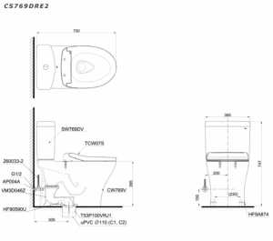 Bản vẽ kĩ thuật Bồn cầu 2 khối TOTO CS769DRE2 nắp rửa cơ TCW07S