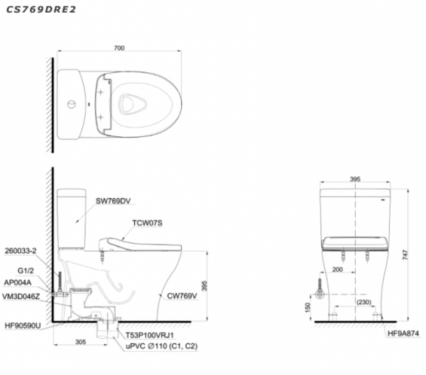 Bản vẽ kĩ thuật Bồn cầu 2 khối TOTO CS769DRE2 nắp rửa cơ TCW07S