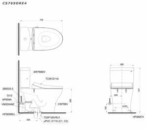 TOTO CS769DE4 (CS769DRE4) - Bồn cầu thông minh nắp rửa cơ TCW1211A 13 Bản vẽ kĩ thuật Bồn cầu 2 khối TOTO CS769DRE4 nắp rửa cơ TCW1211A