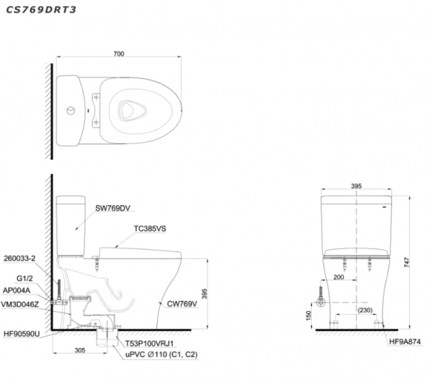 Bản vẽ kĩ thuật Bồn cầu 2 khối TOTO CS769DRT3 nắp êm TC385VS