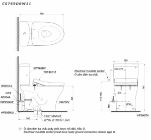 Bản vẽ kĩ thuật Bồn cầu 2 khối TOTO CS769DRW11 nắp rửa điện tử TCF4911Z