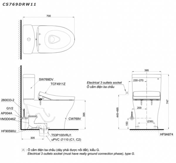 Bản vẽ kĩ thuật Bồn cầu 2 khối TOTO CS769DRW11 nắp rửa điện tử TCF4911Z