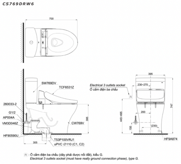 Bản vẽ kĩ thuật Bồn cầu 2 khối TOTO CS769DRW6 nắp rửa điện tử TCF6531Z