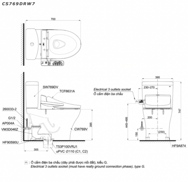 Bản vẽ kĩ thuật Bồn cầu 2 khối TOTO CS769DRW7 nắp rửa điện tử TCF6631A