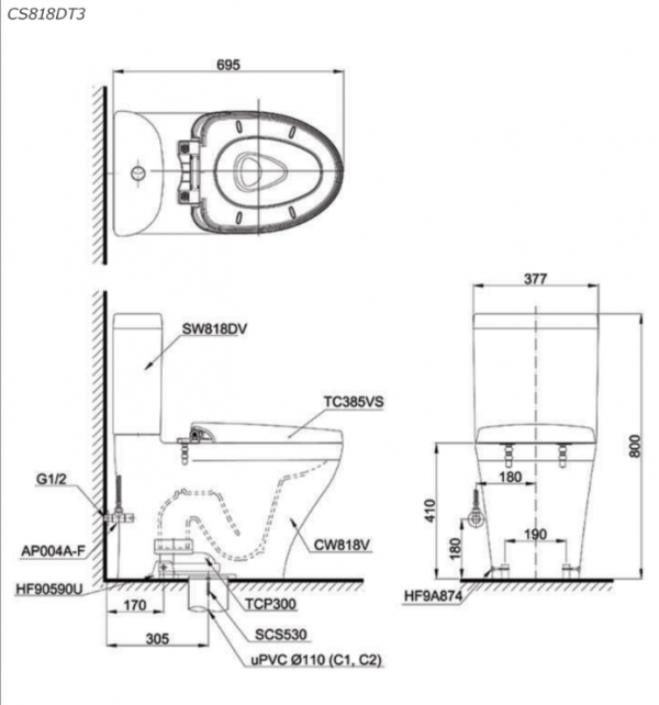 Bản vẽ kĩ thuật Bồn cầu 2 khối TOTO CS818D