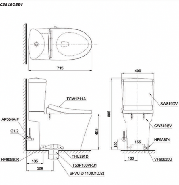 Bản vẽ kĩ thuật Bồn cầu 2 khối TOTO CS819DSE4 nắp rửa cơ TCW1211A