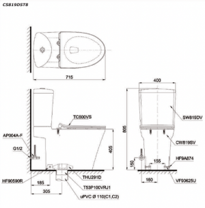 Bản vẽ kĩ thuật Bồn cầu 2 khối TOTO CS819DST8 nắp êm TC600VS