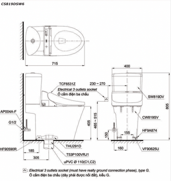 Bản vẽ kĩ thuật Bồn cầu 2 khối TOTO CS819DSW6 nắp rửa điện tử TCF6531Z