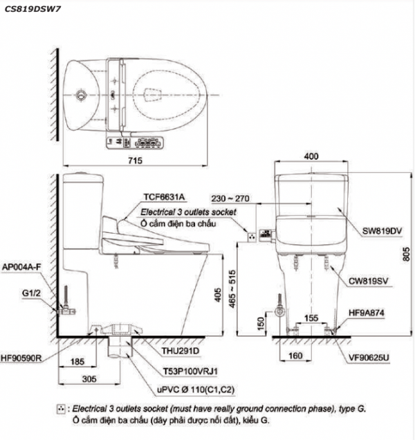 Bản vẽ kĩ thuật Bồn cầu 2 khối TOTO CS819DSW7 nắp rửa điện tử TCF6631A