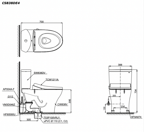 Bản vẽ kĩ thuật Bồn cầu 2 khối TOTO CS838DE4 nắp rửa cơ TCW1211A