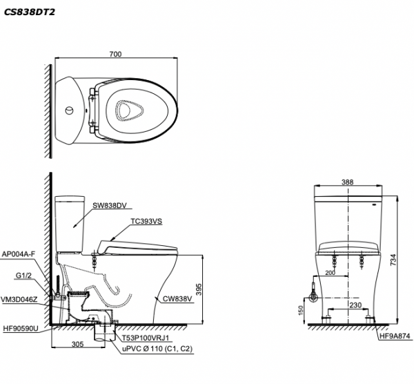 Bản vẽ kĩ thuật Bồn cầu 2 khối TOTO CS838DT2 nắp êm TC393VS