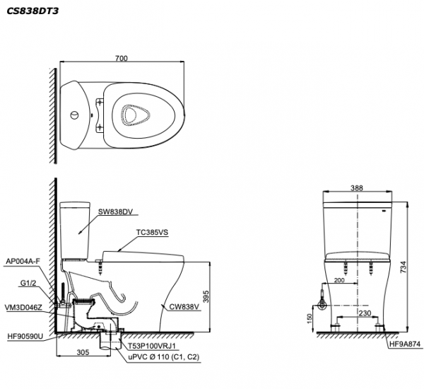 Bản vẽ kĩ thuật Bồn cầu 2 khối TOTO CS838DT3 nắp êm TC385VS