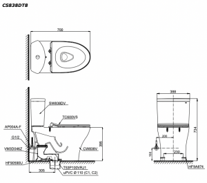 TOTO CS838DT8 - Bồn cầu 2 khối nắp êm TC600VS 11 Bản vẽ kĩ thuật Bồn cầu 2 khối TOTO CS838DT8 nắp êm TC600VS