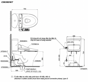 Bản vẽ kĩ thuật Bồn cầu 2 khối TOTO CS838DW7 nắp rửa điện tử TCF6631A