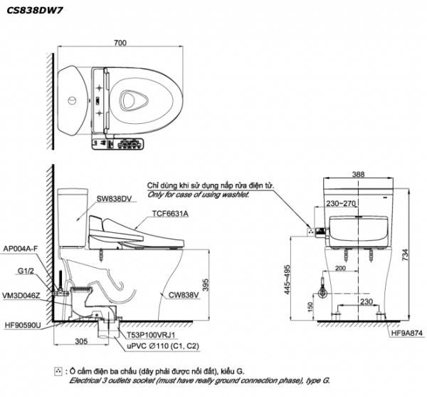 Bản vẽ kĩ thuật Bồn cầu 2 khối TOTO CS838DW7 nắp rửa điện tử TCF6631A