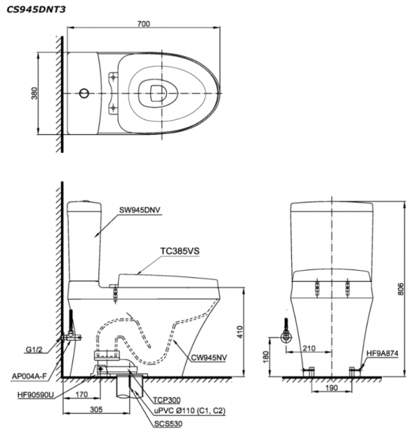 Bản vẽ kĩ thuật Bồn cầu 2 khối TOTO CS945DN