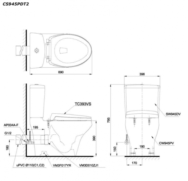 Bản vẽ kĩ thuật Bồn cầu 2 khối TOTO CS945PD