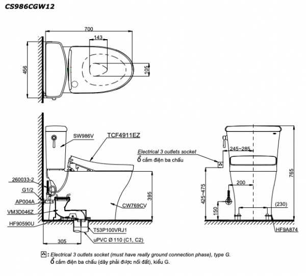 Bản vẽ kĩ thuật Bồn cầu 2 khối TOTO CS986CGW12 nắp rửa điện tử TCF4911EZ