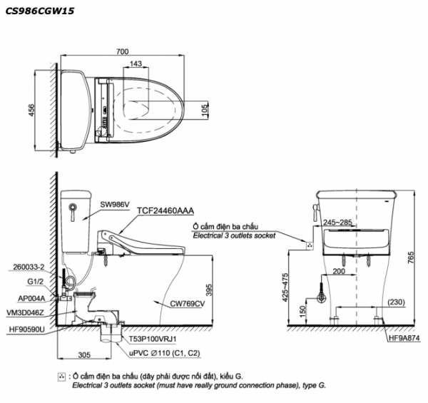 Bản vẽ kĩ thuật Bồn cầu 2 khối TOTO CS986CGW15 nắp rửa điện tử TCF24460AAA