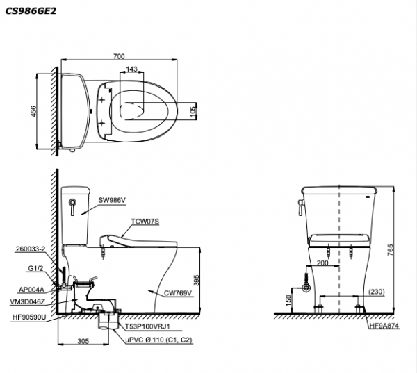 Bản vẽ kĩ thuật Bồn cầu 2 khối TOTO CS986GE2 nắp rửa cơ TCW07S