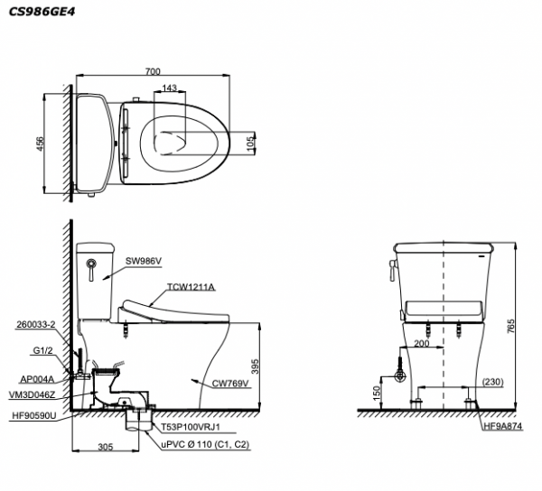 Bản vẽ kĩ thuật Bồn cầu 2 khối TOTO CS986GE4 nắp rửa cơ TCW1211A