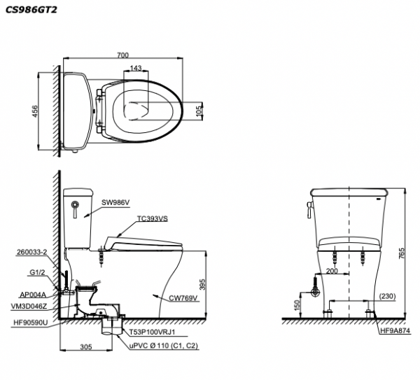 Bản vẽ kĩ thuật Bồn cầu 2 khối TOTO CS986GT2 nắp êm TC393VS