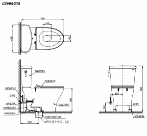 Bản vẽ kĩ thuật Bồn cầu 2 khối TOTO CS986GT8 nắp êm TC600VS