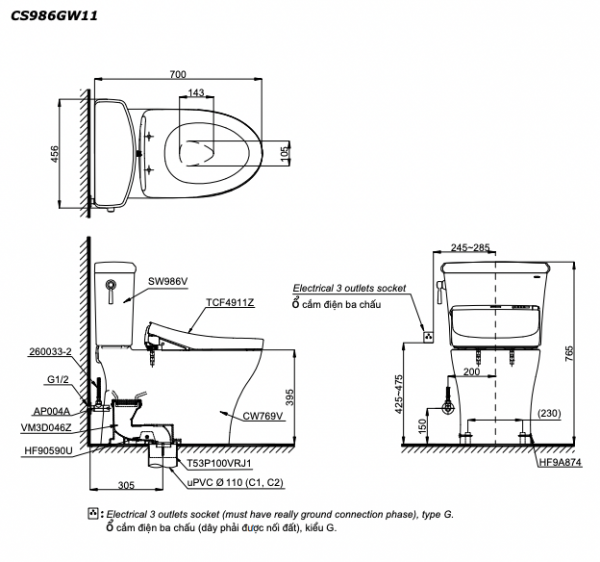 Bản vẽ kĩ thuật Bồn cầu 2 khối TOTO CS986GW11 nắp rửa điện tử TCF4911Z