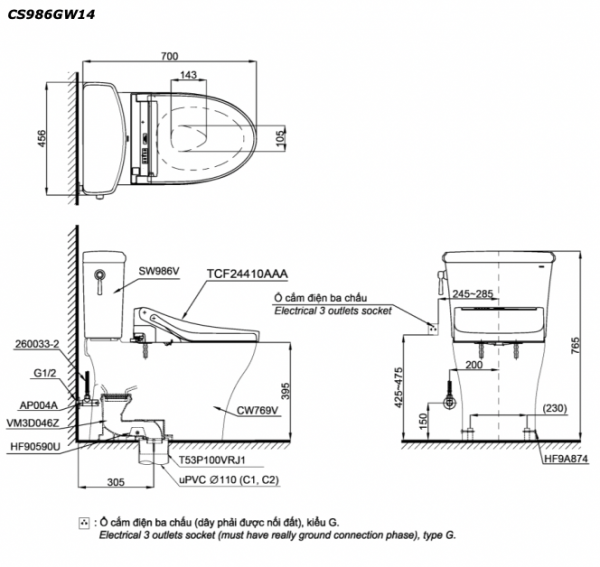 Bản vẽ kĩ thuật Bồn cầu 2 khối TOTO CS986GW14 nắp rửa điện tử TCF24410AAA