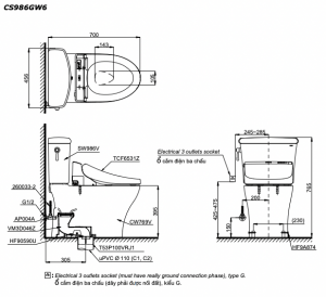 TOTO CS986GW6 - Bồn cầu thông minh nắp rửa điện tử TCF6531Z 5 Bản vẽ kĩ thuật Bồn cầu 2 khối TOTO CS986GW6 nắp rửa điện tử TCF6531Z
