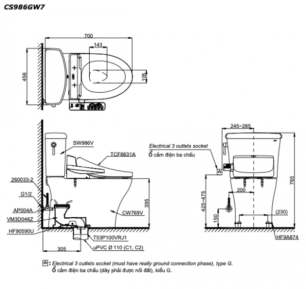 Bản vẽ kĩ thuật Bồn cầu 2 khối TOTO CS986GW7 nắp rửa điện tử TCF6631A