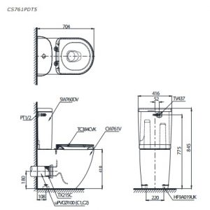 Bản vẽ kĩ thuật bồn cầu TOTO CS761PDT5 thoát ngang