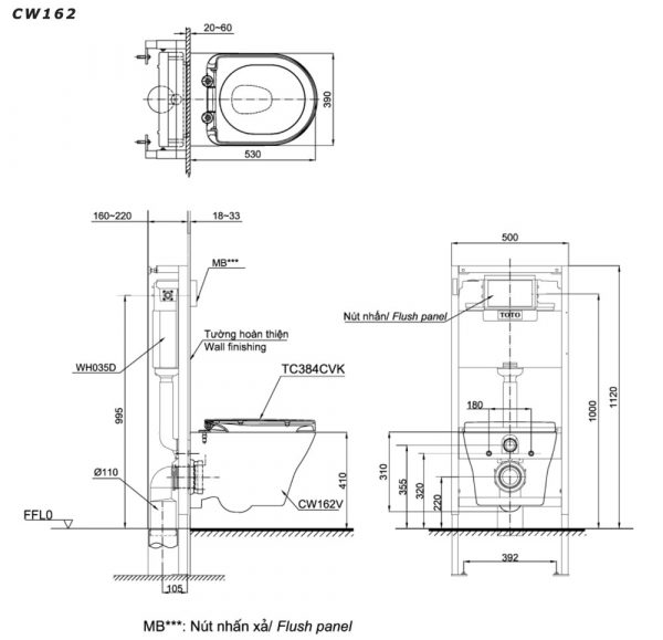 Bản vẽ kĩ thuật Bồn cầu treo tường TOTO CW162 TC384CVK nắp êm