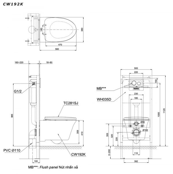 Bản vẽ kĩ thuật Bồn cầu treo tường TOTO CW192K TC281SJ nắp êm