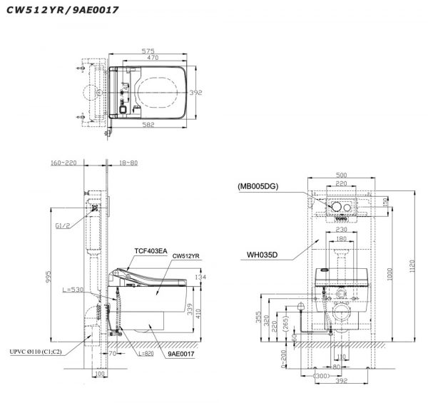 Bản vẽ kĩ thuật Bồn cầu treo tường TOTO CW512YR 9AE0017 TCF403EA nắp rửa điện tử