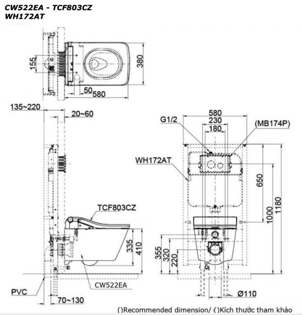 Bản vẽ kĩ thuật Bồn cầu treo tường TOTO CW522EA TCF803CZ WH172AT nắp rửa điện tử tự mở nắp